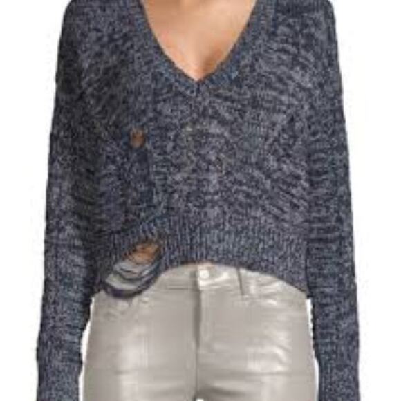 WILDFOX NANCY OXFORD DISTRESSED RIB-KNIT BLUE WOMEN V-NECK SWEATER SMALL NEW - Picture 1 of 6